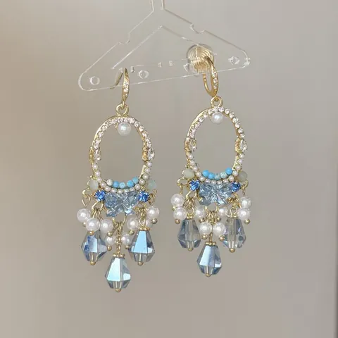 Vintage Palace Style Rhinestone Tassel Drop Earrings For Women Luxury Floral Fan Shaped Water Drop Design 925 Sterling Silver Post
