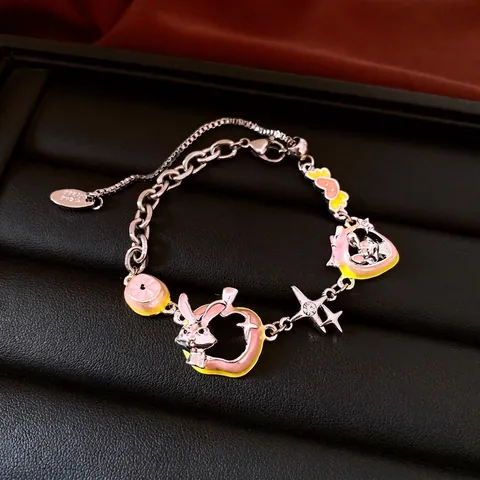 Vintage Palace Style Zirconia Artificial Pearl Jewelry Collection For Women Copper Enamel Pink Rabbit Strawberry Pattern Necklace Bracelet Ring Earrings Accessories