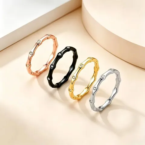 Anello in Acciaio al Titanio con Design Geometrico a Bamboo Strass per Uomo Donna Lusso Leggero Minimalista Gioielli da Dito