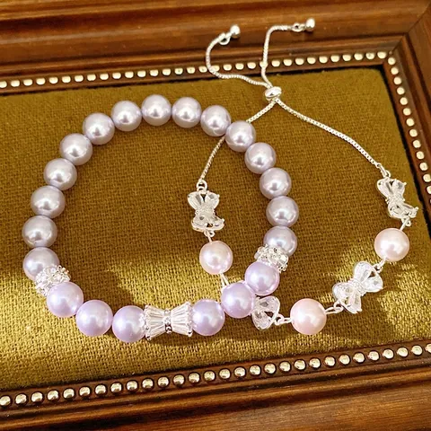 Luxury Copper Artificial Pearl Beaded Bracelet For Women With Zirconia Bow Pendant Silver Plated Elegant Niche Jewelry