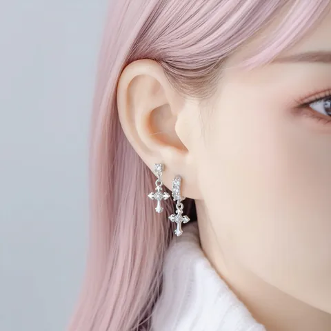 Retro Y2K Fleur De Lis Cross Earrings Titanium Alloy Post Rhinestone Inlaid Gothic Punk Stud Earrings For Women Men Jewelry