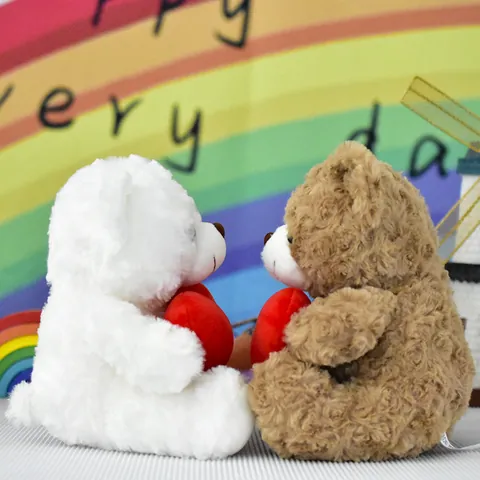Cute Curly Plush Teddy Bear Holding Red Heart Soft Stuffed Animal Toy For Kids Birthday Valentine Day Gift Brown White Bear Doll