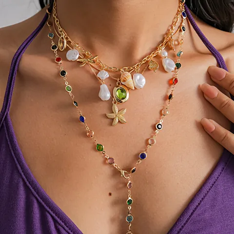 Women's Bohemian Multilayer Shell Starfish Artificial Pearl Necklace Alloy Resin Gold Silver Beach Vacation Jewelry
