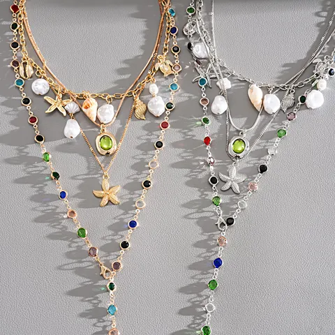 Women's Bohemian Multilayer Shell Starfish Artificial Pearl Necklace Alloy Resin Gold Silver Beach Vacation Jewelry