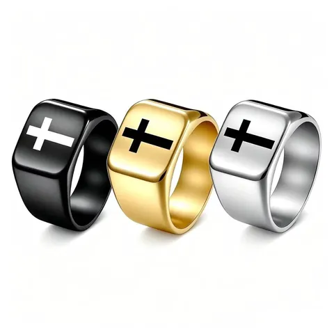 Men Personalized Punk Hip Hop Cross Signet Ring Stainless Steel Geometric Square Band Ring Fashion Jewelry Gold Silver Black