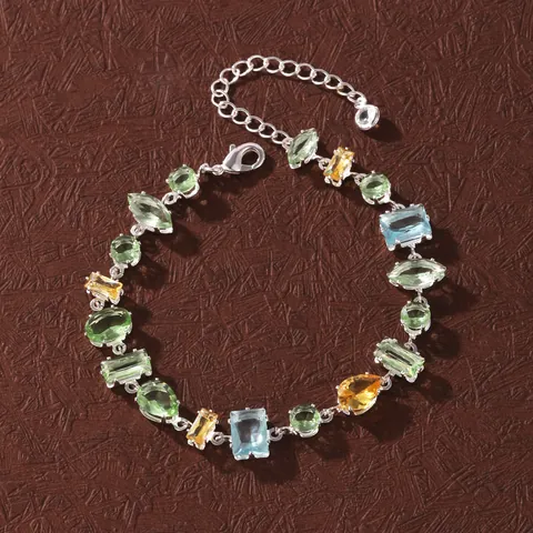 Elegant Copper Gold Plated Colorful Zirconia Bracelet For Women Sweet Candy Color Geometric Inlaid Adjustable Chain Jewelry