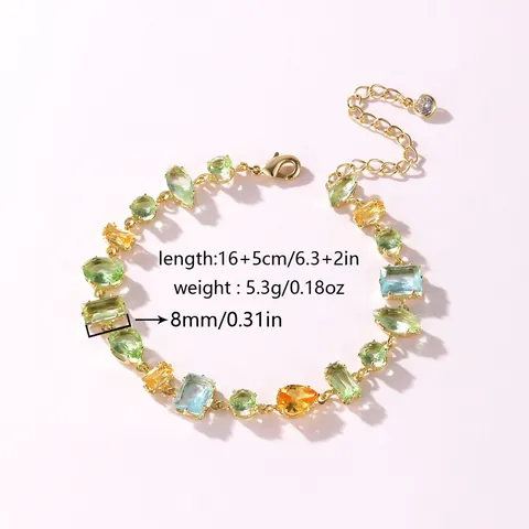 Elegant Copper Gold Plated Colorful Zirconia Bracelet For Women Sweet Candy Color Geometric Inlaid Adjustable Chain Jewelry