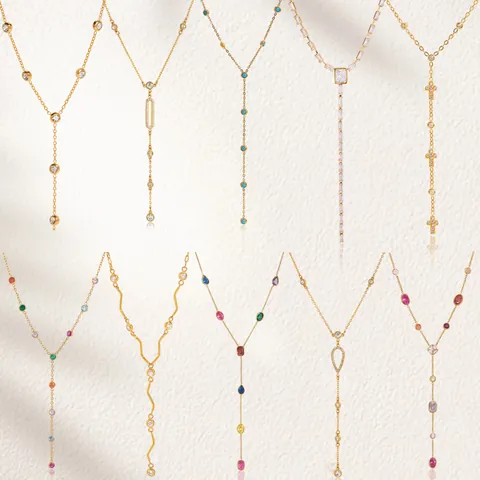 Y Shaped Necklace Stainless Steel Zircon 18K Gold Plated Long Sweater Chain Waterproof Hypoallergenic For Women