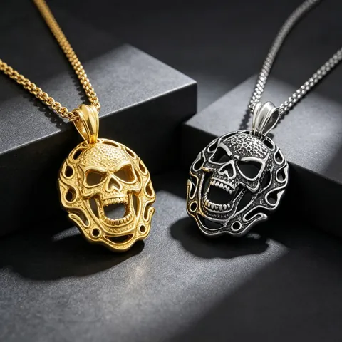 Stainless Steel Skull Mask Pendant For Men Gothic Punk Hollow Flame Design Individual Biker Jewelry Gift