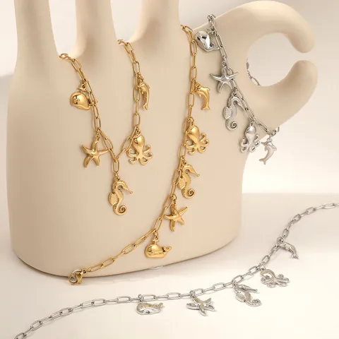 Stainless Steel Marine Life Pendant Necklace Bracelet Anklet Set Starfish Seahorse Octopus Shark Jewelry For Women
