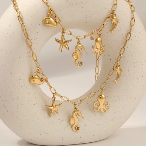 Stainless Steel Marine Life Pendant Necklace Bracelet Anklet Set Starfish Seahorse Octopus Shark Jewelry For Women