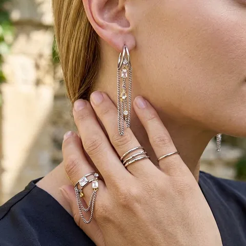Edelstahl C-Form Quasten Ohrringe Und Offener Ring Set Für Damen Gold Silber Gemischte Farbe Zirkonia Quasten Schmuckset