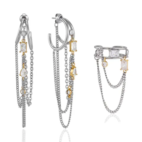 Edelstahl C-Form Quasten Ohrringe Und Offener Ring Set Für Damen Gold Silber Gemischte Farbe Zirkonia Quasten Schmuckset