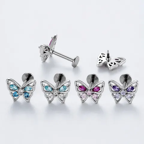 F136 Titanium Alloy Internal Thread Butterfly Cartilage Piercing Stud Micro Set Zirconia Tragus Earring For Cartilage Piercing Jewelry