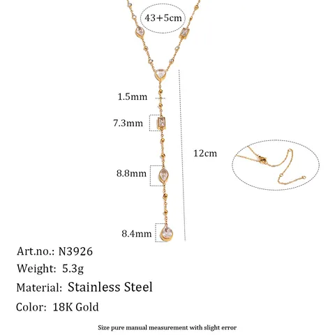 Collana con Pendente a Nappa a Forma di Y Stile Francese per Donna in Acciaio Inossidabile Placcato Oro 18K con Zirconia Geometrica
