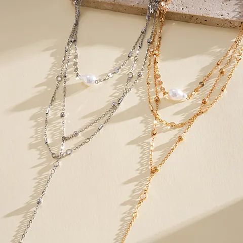 Women's Three-Piece Layered Faux Pearl Necklace Minimalist Gold Silver Plated Metal Chain Choker Fashion Jewelry