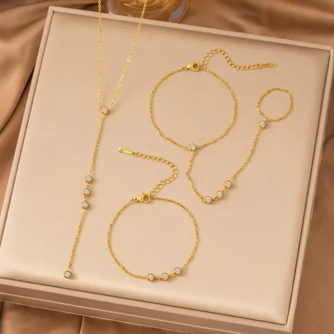 Juego de Joyas de Acero Inoxidable con Diamantes de Imitación para Mujer Collar con Colgante Circular Pulsera y Pulsera de Anillo