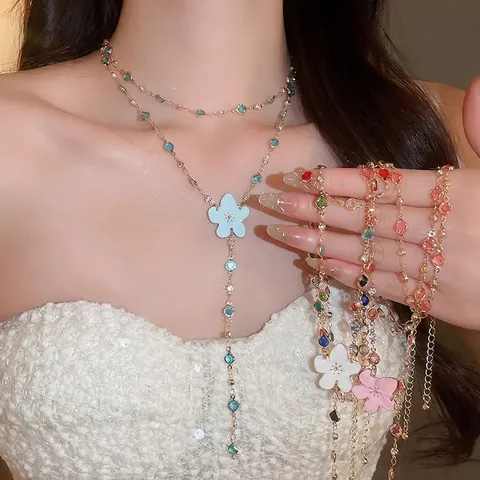 Conjunto de Joyas Dulces de Flores de Esmalte para Mujer Collar Floral y Pulsera de Cadena de Mano Chapado en Oro Plata