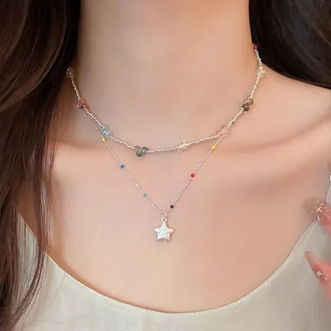 Dopamine Multicolor Beaded Star Artificial Pearl Pendant Necklace Summer Fresh Clavicle Chain Sweet Cool Jewelry For Women