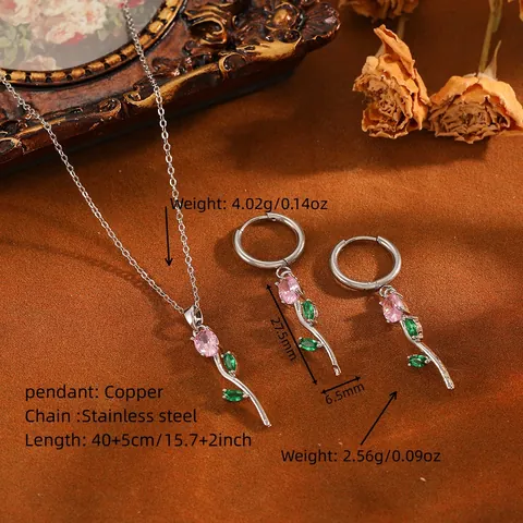 Titanium Steel Tulip Flower Necklace Earrings Jewelry Set Stainless Steel Chain Rhinestone Pendant French Vintage Ins Style Women Jewelry