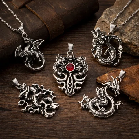 Vintage Stainless Steel Chinese Zodiac Dragon Pendant Necklace For Men Women Hip Hop Retro Rhinestone Dragon Jewelry Gift