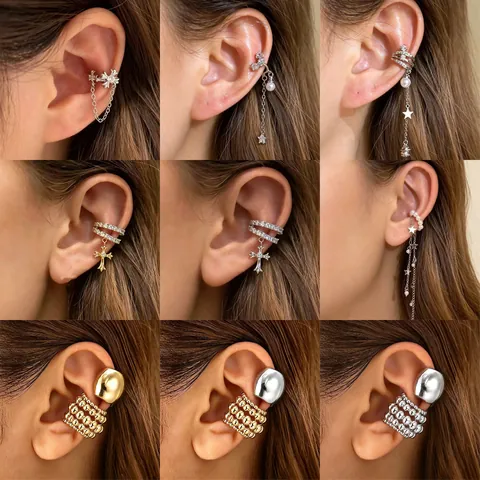 Copper Zirconia Cross Non Pierced Ear Cuff For Women Light Luxury Gothic Star Tassel Clip On Earrings Fashion Jewelry Gift