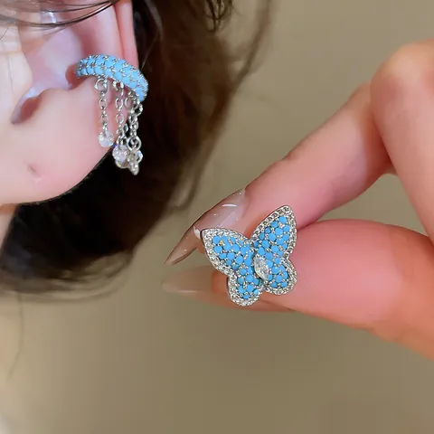 Exquisite Butterfly Zirconia Ear Cuffs Copper Silver Plated Blue Stone Tassel Clip On Earrings For Women Non Pierced Jewelry