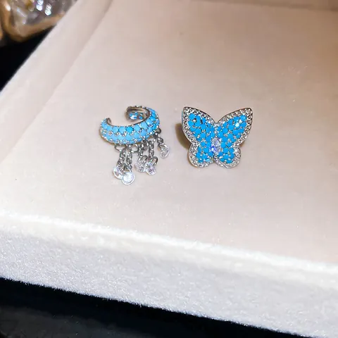 Exquisite Butterfly Zirconia Ear Cuffs Copper Silver Plated Blue Stone Tassel Clip On Earrings For Women Non Pierced Jewelry