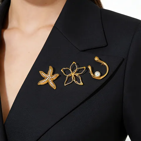 Broche de Estrella de Mar y Flor de Acero Inoxidable Chapado en Oro para Mujer Strass Perla Artificial Joyería de Moda