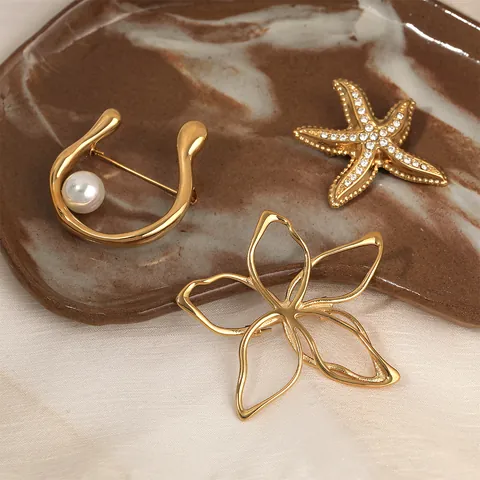 Edelstahl Gold Plated Seestern Blume Brosche Für Damen High Sense Strass Künstliche Perle Anstecknadel Mode Schmuck Zubehör