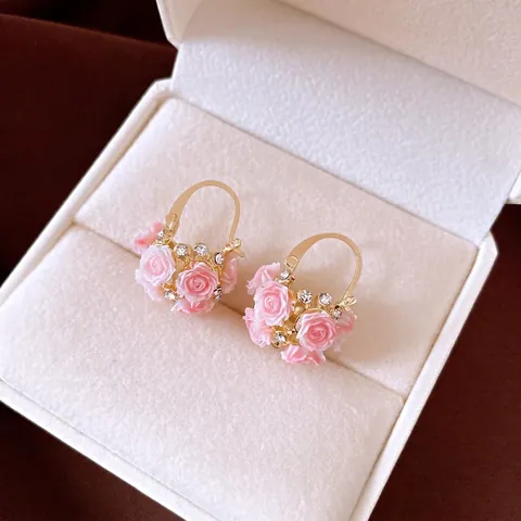 Vintage Resin Rose Flower Basket Hoop Earrings Rhinestone Inlaid Gold Sweet Floral Ear Buckle Jewelry For Women