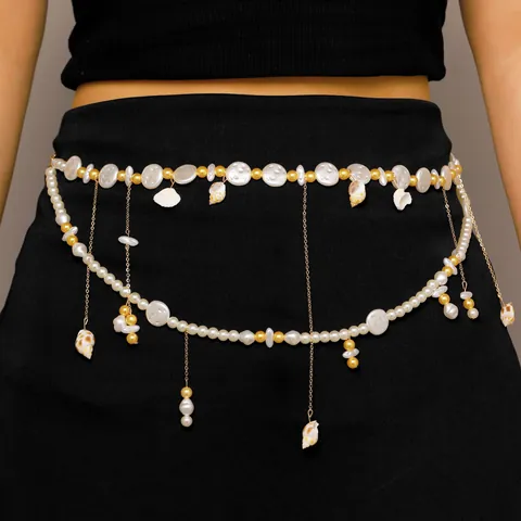 Chaîne de Taille en Perle Artificielle Style Resort Bohémien pour Femmes Pendentif Conque Coquille Gland Ceinture de Décoration Bijoux