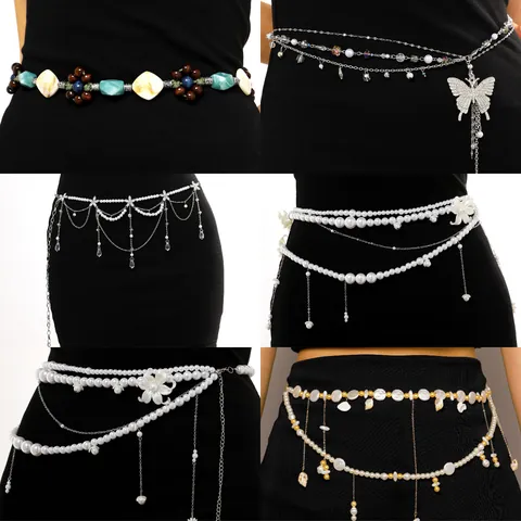 Chaîne de Taille en Perle Artificielle Style Resort Bohémien pour Femmes Pendentif Conque Coquille Gland Ceinture de Décoration Bijoux