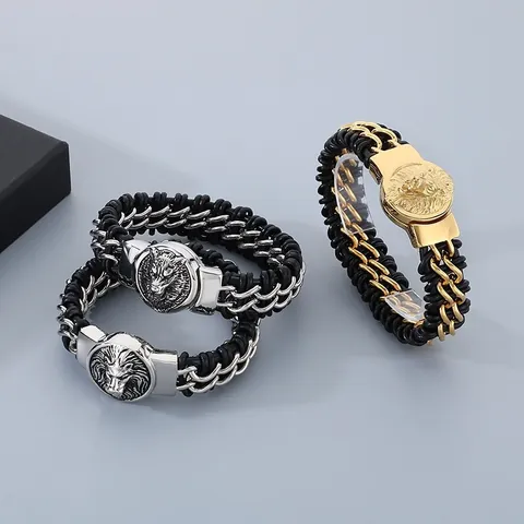 Men Braided Genuine Leather Bracelet With Stainless Steel Lion Head Charm Retro Punk Hip Hop Biker Style Jewelry