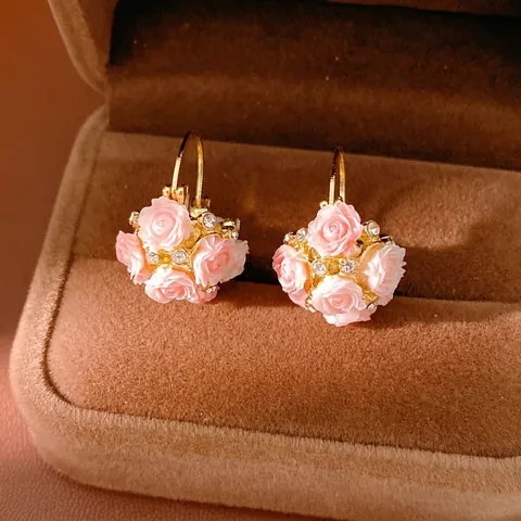 Sweet Rural Resin Flower Basket Ear Clips Alloy Rhinestone Earrings Silver Earring Post For Women Elegant Jewelry Gift