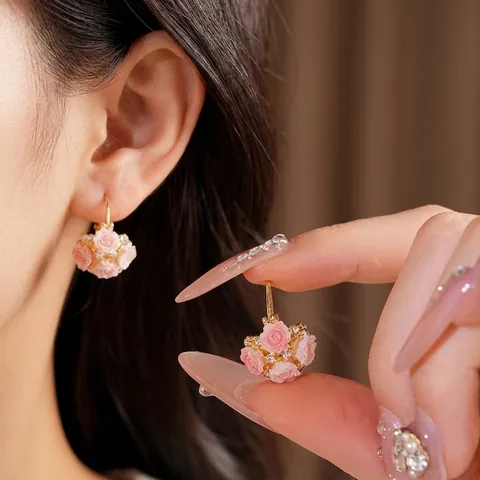 Sweet Rural Resin Flower Basket Ear Clips Alloy Rhinestone Earrings Silver Earring Post For Women Elegant Jewelry Gift