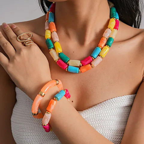 Bohemian Acrylic Cylindrical Bead Necklace Bracelet Set Colorful Ink Swirl Dopamine Choker Jewelry Women Luxury Accessories