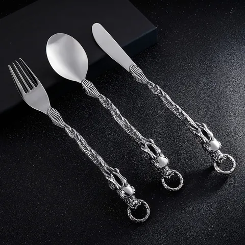 Retro Punk 304 Stainless Steel Dragon Handle Knife Fork Spoon Antique Silver Embossed Design Western Gothic Style Cutlery