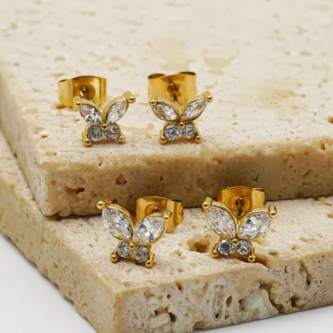Classic Butterfly 316 Stainless Steel Stud Earrings For Women 14K Gold Plated Zirconia Geometric Animal Ear Jewelry