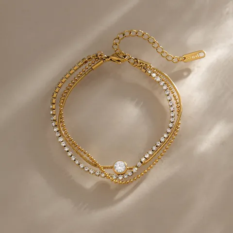 Bracciale Multistrato in Acciaio Inossidabile da Donna Placcato Oro 18K Catena a Serpente Catena di Perline Bracciale Tennis con Strass Gioielli di Moda