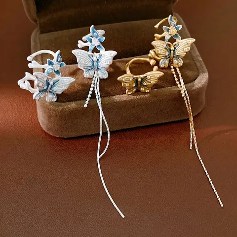 Asymmetric Butterfly Flower Tassel Ear Clips Blue Enamel Gold Silver Copper Zirconia Fashion Luxury Jewelry For Women Wedding Party
