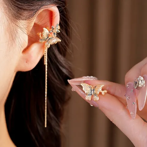 Asymmetric Butterfly Flower Tassel Ear Clips Blue Enamel Gold Silver Copper Zirconia Fashion Luxury Jewelry For Women Wedding Party