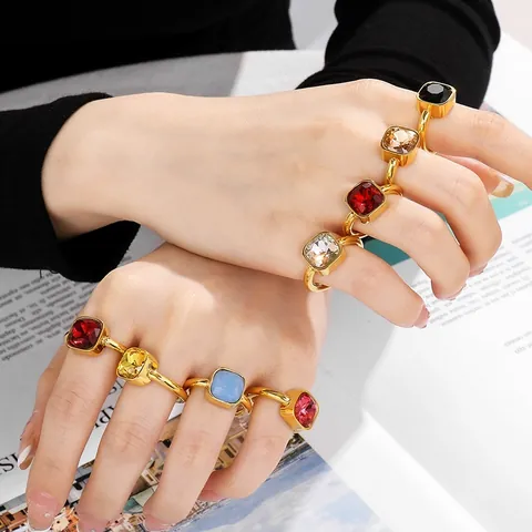 Fashion Square Cut Rhinestone Titanium Steel Ring For Women Gold Silver Plated Colorful Gemstone Geometric Finger Ring Jewelry Gift