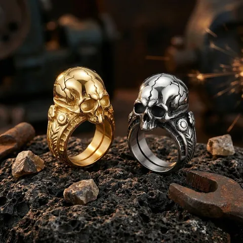 Dark Style Cracked Skull Titanium Steel Ring Gothic Punk Skeleton Finger Ring Hip Hop Halloween Accessory For Men Jewelry