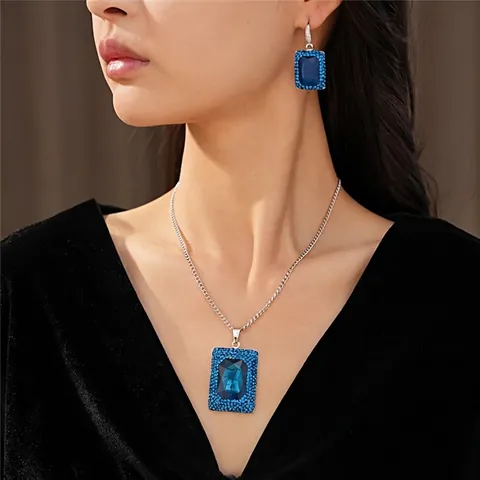 Geometric Square Blue Zirconia Pendant Necklace Earrings Set Silver Plated Copper Rhinestone Jewelry For Women