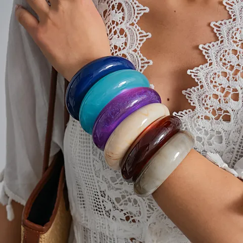 Retro Resin Marble Pattern Bangle Bracelet For Women Simple Round Geometric Hand Cuff Vintage Style Fashion Jewelry Accessory