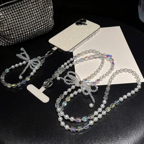 Correa de Teléfono de Lujo con Cuentas de Cristal Artificial Lazo Perla Artificial y Parche de Teléfono Cadena Anti-Perdida para Mujer