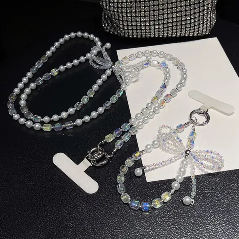 Correa de Teléfono de Lujo con Cuentas de Cristal Artificial Lazo Perla Artificial y Parche de Teléfono Cadena Anti-Perdida para Mujer