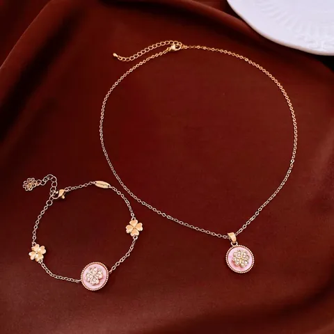 18K Gold Plated Copper Zirconia Round Flower Clover Necklace And Bracelet Set Korean Fashion Light Luxury Jewelry For Women