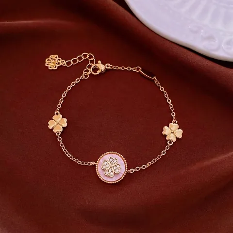 18K Gold Plated Copper Zirconia Round Flower Clover Necklace And Bracelet Set Korean Fashion Light Luxury Jewelry For Women